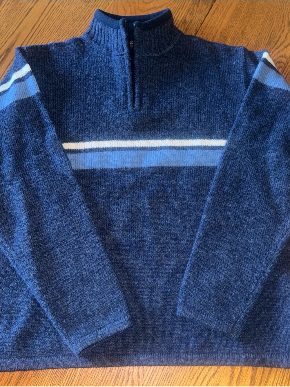 Woolrich Blue Zip-Neck Sweater with Light Blue and White Stripes